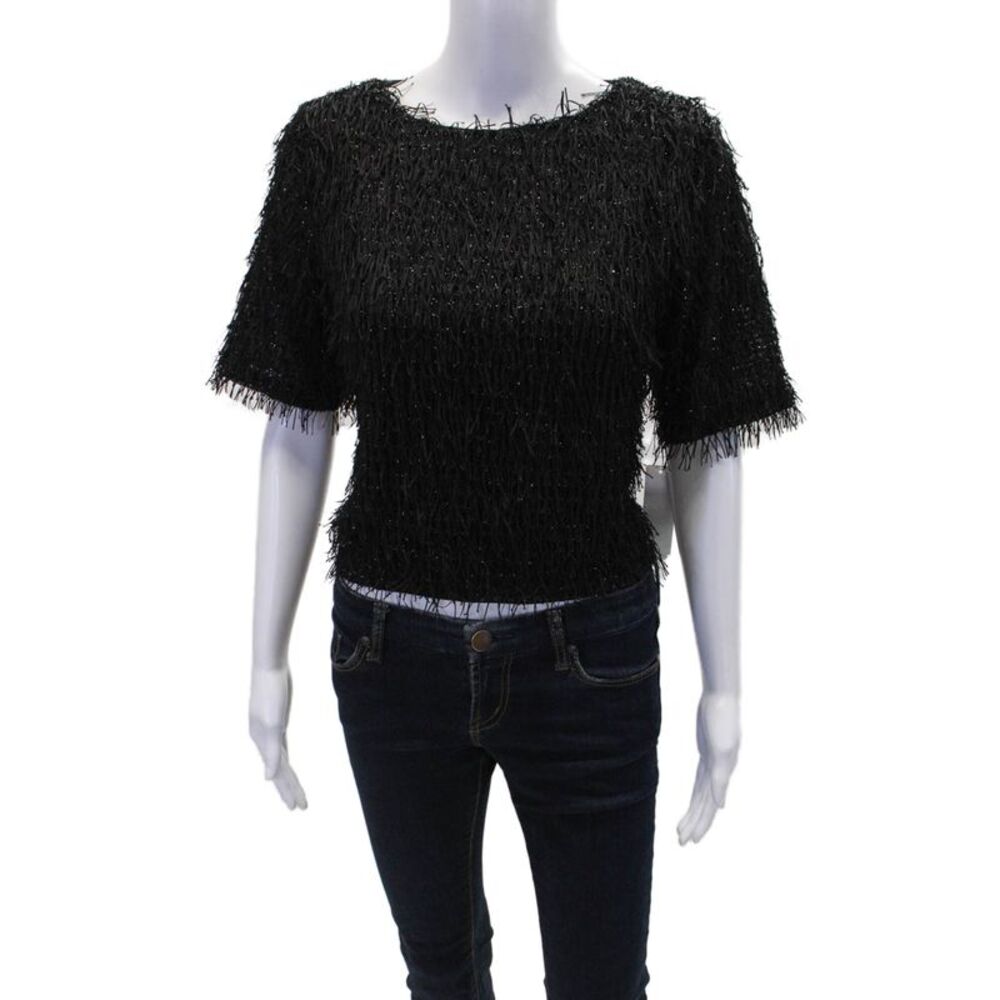 Garcia Women's Round Neck Short Sleeves Fringe Sparkle Cropped Top Black Size M